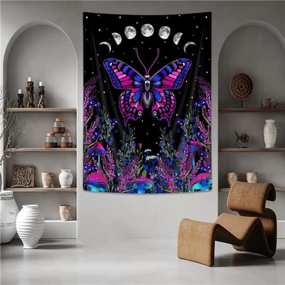 Dongbei UV Butterfly Tapestry, Floral Sun Moon Butterfly Black White Moon Phase